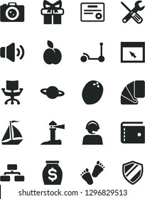 Solid Black Vector Icon Set - purse vector, children's tracks, Kick scooter, small tools, sample of colour, flowchart, volume, planet, apple, coconut, coastal lighthouse, money, operator, gift