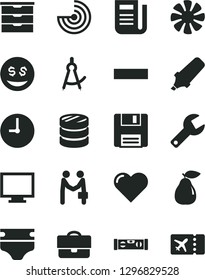 Solid Black Vector Icon Set - repair key vector, monitor, minus, storage unit, diaper, building level, wall clock, heart, pear, portfolio, column of coins, text highlighter, newspaper, fan, floppy