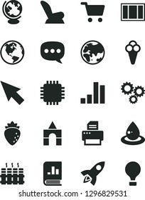 Solid Black Vector Icon Set - car child seat vector, box of bricks, window frame, radiator, cone, raspberry, planet, drop oil, shopping cart, three gears, bar chart, book on statistics, speech, cpu