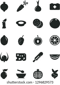 Solid Black Vector Icon Set - mercury thermometer vector, bag of a paramedic, deep plate with spoon, piece cheese, milk, biscuit, half pomegranate, quince, medlar, tasty mulberry, water melon slice