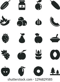 Solid Black Vector Icon Set - a bowl of buckwheat porridge vector, cucumber, jar jam, pear, mint, peach, ripe, grape, tasty apple, raspberry, blueberry, blueberries, slice melon, mango, half, garlic