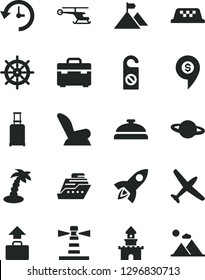 Solid Black Vector Icon Set - car child seat vector, suitcase, planet, lighthouse, history, mountain flag, rocket, sand castle, helicopter, dollar pin, plane, taxi, rolling, baggage, palm tree