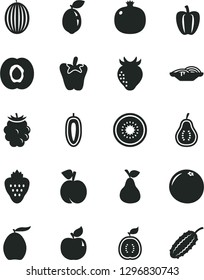 Solid Black Vector Icon Set - slices of onion vector, peper, strawberry, pear, peach, half apricot, pomegranate, blackberry, melon, loquat, sweet date fruit, kiwi, sour lime, guawa, grapefruit