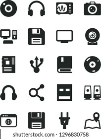 Solid Black Vector Icon Set - camera vector, floppy disk, e, lens, electric plug, connections, computer, motherboard, monitor, usb, cd, headphones, pc speaker, browser, oscilloscope, map