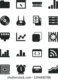 Solid Black Vector Icon Set - folder vector, rss feed, graph, negative histogram, storage unit, alarm clock, CD, drawer, copy, processor, bar chart, statistical research, radiator fan, router, arrow