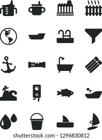 Solid Black Vector Icon Set - mug for feeding vector, measuring cup, children's bathroom, bath, bucket, construction level, boiler, anchor, fish, planet Earth, hydroelectricity, drop, filter, pool