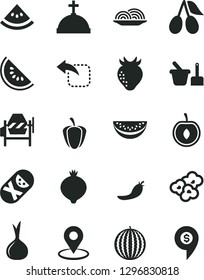 Solid Black Vector Icon Set - tumbler vector, toy sand set, concrete mixer, move left, onion, popcorn, strawberry, cornels, medlar, water melon, slice of, half cherry, ripe pepper, red, geolocation