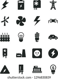 Solid Black Vector Icon Set - lightning vector, power socket type b, radiator, boiler, electronic, fan screw, charging battery, wind energy, bulb, hydroelectric station, line, thermal plant, saving