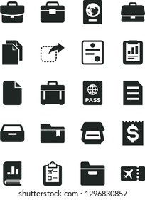 Solid Black Vector Icon Set - clean paper vector, folder bookmark, portfolio, case, passport, suitcase, drawer, survey, move right, briefcase, statistical report, financial item, book on statistics