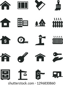Solid Black Vector Icon Set - house vector, bedside table, dwelling, window frame, long meashuring tape, wooden paint brush, key, door knob, city block, putty knife, home, Construction crane, forest