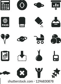 Solid Black Vector Icon Set - mark of injury vector, baby powder, carriage, toy phone, colored air balloons, passport, put in a box, planet, move down, small fish, plum, blueberries, onion, saturn