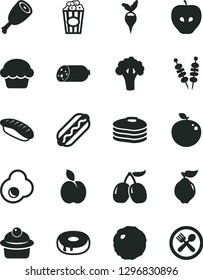 Solid Black Vector Icon Set - sausage vector, fried vegetables on sticks, Hot Dog, cake, muffin, with a hole, chicken thigh, cabbage, japanese sushi, cup of popcorn, egg, apple, pancakes, quince