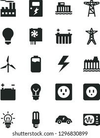 Solid Black Vector Icon Set - lightning vector, matte light bulb, power socket type b, dangers, charge level, windmill, accumulator, battery, hydroelectric station, hydroelectricity, line, pole