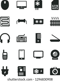 Solid Black Vector Icon Set - keyboard vector, heating coil, headphones, screen, smartphone, lens, plug, SIM, cast iron radiator, mobile phone, mouse, pc power supply, tower, motherboard, gpu card
