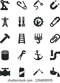 Solid Black Vector Icon Set - clip vector, safety pin, open, iron fork spoons, winch hook, adjustable wrench, stepladder, gear, hammer, anchor, tin, soda can, valve, water pipes, power line, magnet