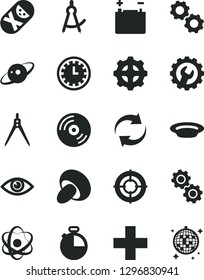 Solid Black Vector Icon Set - clock face vector, renewal, plus, tumbler, gear, eye, timer, CD, porcini, plate, accumulator, atom, gears, drawing compass, saturn, aim, disco ball