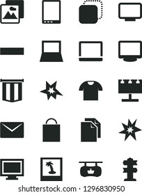 Solid Black Vector Icon Set - monitor window vector, paper bag, clean, minus, envelope, picture, T shirt, copy, antique advertising signboard, billboard with illumination, tablet pc, notebook, bang