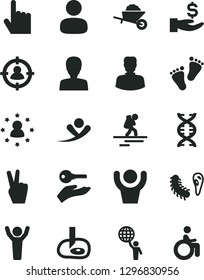 Solid Black Vector Icon Set - woman vector, footprints, garden trolley, index finger, man, in sight, get a wage, dna, bactery, artifical insimination, hold world, hands up, arm with key, flying