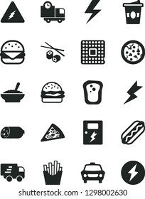 Solid Black Vector Icon Set - lightning vector, dangers, car, delivery, sausage, pizza, piece of, Hot Dog, big burger, a bowl buckwheat porridge, French fries, Chinese chopsticks, coffe to go