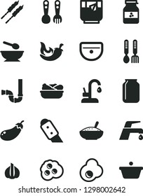 Solid Black Vector Icon Set - deep plate with a spoon vector, plastic fork spoons, iron, sink, siphon, knife, faucet mixer, kitchen, bowl of rice porridge, lettuce in, barbecue, chili, glass tea