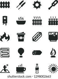 Solid Black Vector Icon Set - electronic thermometer vector e, heating coil, temperature, radiator, new, boiler, coffee, sausage, Hot Dog, porridge, barbecue, coffe to go, a glass of tea, cast iron