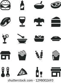 Solid Black Vector Icon Set - plates and spoons vector, plastic fork, fried vegetables on sticks, piece of pizza, big burger, cake, pie, a bowl rice porridge, lettuce in plate, bacon, French fries