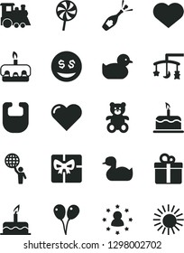 Solid Black Vector Icon Set - heart symbol vector, toys over the cradle, bib, rubber duck, baby duckling, teddy bear, children's train, colored air balloons, cake, gift, torte, lollipop, giftbox