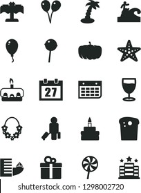Solid Black Vector Icon Set - daily calendar vector, colored air balloons, balloon, gift, Easter cake, torte, birthday, Chupa Chups, lollipop, glass, pumpkin, wall, passenger, hotel, palm tree