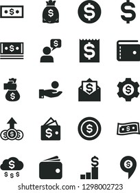 Solid Black Vector Icon Set - purse vector, denomination of the dollar, financial item, catch a coin, wallet, dollars, cash, money bag hand, rain, pedestal, gear, growth, mail, dialog, pin