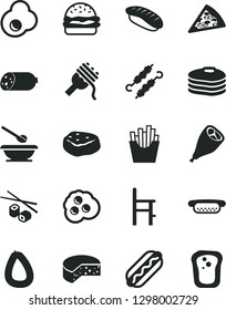 Solid Black Vector Icon Set - plates and spoons vector, a chair for feeding, sausage, stick of, cheese, piece pizza, Hot Dog, mini, burger, spaghetti, grill chicken leg, meat on skewers, fried egg