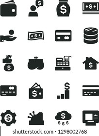 Solid Black Vector Icon Set - bank card vector, reverse side of a, front the, column coins, catch coin, wallet, purse, money, cash, machine, cashbox, bag hand, rain, mortgage, dollar pedestal, gear