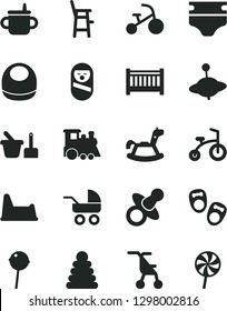 Solid Black Vector Icon Set - baby cot vector, dummy, mug for feeding, diaper, bib, carriage, sitting stroller, stacking rings, roly poly doll, toy sand set, potty chair, a child, children's train