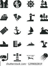 Solid Black Vector Icon Set - anchor vector, sea port, commercial seaport, lighthouse, coastal, planet, hotel, beach, palm tree, flippers, diving mask, surfing, handwheel, life vest, jet ski