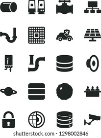 Solid Black Vector Icon Set - loudspeaker vector, sewerage, electronic boiler, lock, big data, planet, cabbage, solar panel, valve, water pipes, autopilot, processor, pipe, court hearing, scheme