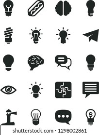 Solid Black Vector Icon Set - image of thought vector, matte light bulb, paper airplane, Puzzles, saving, eye, Hot Dog, coastal lighthouse, speech, brain, dialog, idea