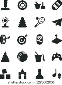 Solid Black Vector Icon Set - paper airplane vector, bath ball, stacking rings, toy, roly poly doll, tumbler, sand set, children's, yule, cubes for children, box of bricks, joystick, cup, pawn, aim