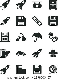 Solid Black Vector Icon Set - floppy disk vector, spectacles, hat with glasses, camera roll, bedside table, tricycle, child shoes, abacus, umbrella, modern gas station, retro car, rocket, space