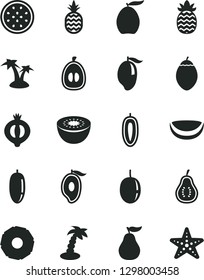 Solid Black Vector Icon Set - a pineapple vector, half of medlar, mango, loquat, date fruit, passion, sweet, kiwi, tamarillo, piece coconut, slice, ripe guava, part, palm tree, starfish