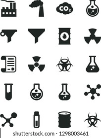 Solid Black Vector Icon Set - round flask vector, manufacture, oil, barrel, industrial building, radiation, carbon dyoxide, filter, water, research article, test tube, molecule, nuclear, biohazard