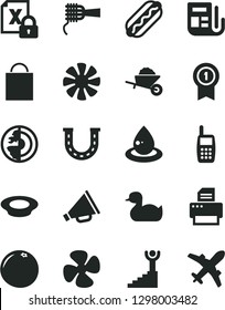 Solid Black Vector Icon Set - paper bag vector, horn, rubber duck, garden trolley, Hot Dog, noodles, a plate of milk, grapefruit, fan screw, drop oil, morning, mobile phone, encrypting, printer