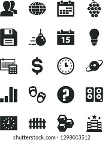 Solid Black Vector Icon Set - floppy disk vector, calendar, women, question, shoes for little children, big core, bulb, calculation, fence, honeycombs, large grape, globe, bar chart, wall watch