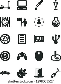 Solid Black Vector Icon Set - Kick scooter vector, computer, radiator fan, mouse, pc card, usb, network, joystick, flask, pipette, clipboard, artifical insimination, biology, man hold flag, pennant