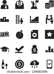 Solid Black Vector Icon Set - coins vector, square academic hat, chart, growth graph, pedestal, man with medal, flag, on moon, star, certificate, ladder, vote check, money rain, dollar coin, bag
