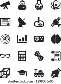 Solid Black Vector Icon Set - research article vector, flask, telescope, atom, glasses, brain, gears, satellite, oscilloscope, scientist, graduate hat, calculator, artifical insimination, radar