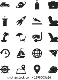 Solid Black Vector Icon Set - briefcase vector, Baby chair, car child seat, earth, retro, location, history, saturn, rocket, paper plane, sail boat, airport tower, rolling suitcase, arrival, map