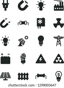 Solid Black Vector Icon Set - danger of electricity vector, saving light bulb, new radiator, solar panel, big, accumulator, power pole, electric plug, industrial building, radiation, magnet, nuclear