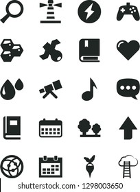 Solid Black Vector Icon Set - calendar vector, upward direction, e, heart, honeycombs, radish, trees, drop, lighthouse, speech, network, note, joystick, telescope, zoom, satellite, book, electricity