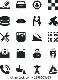Solid Black Vector Icon Set - small tools vector, drawing, tile, drawer, size, pie, cup of popcorn, a glass tea, accumulator, power line, steel production, man in sight, recession, phone call