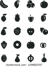 Solid Black Vector Icon Set - blueberries vector, strawberry, strawberries, pear, apple, quince, tasty, half of medlar, raspberry, mango, slice tangerine, ripe plum, pineapple, persimmon, tomato