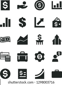 Solid Black Vector Icon Set - dollar vector, line chart, growth, calculation, case, bar, article on the, financial item, catch a coin, graph, arrows, column, gear, wallet, money dialog, suitcase